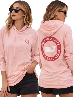 Vineyard Vines Pink Lightweight Hoodie Long Sleeve Whale Logo Casual Sz M
